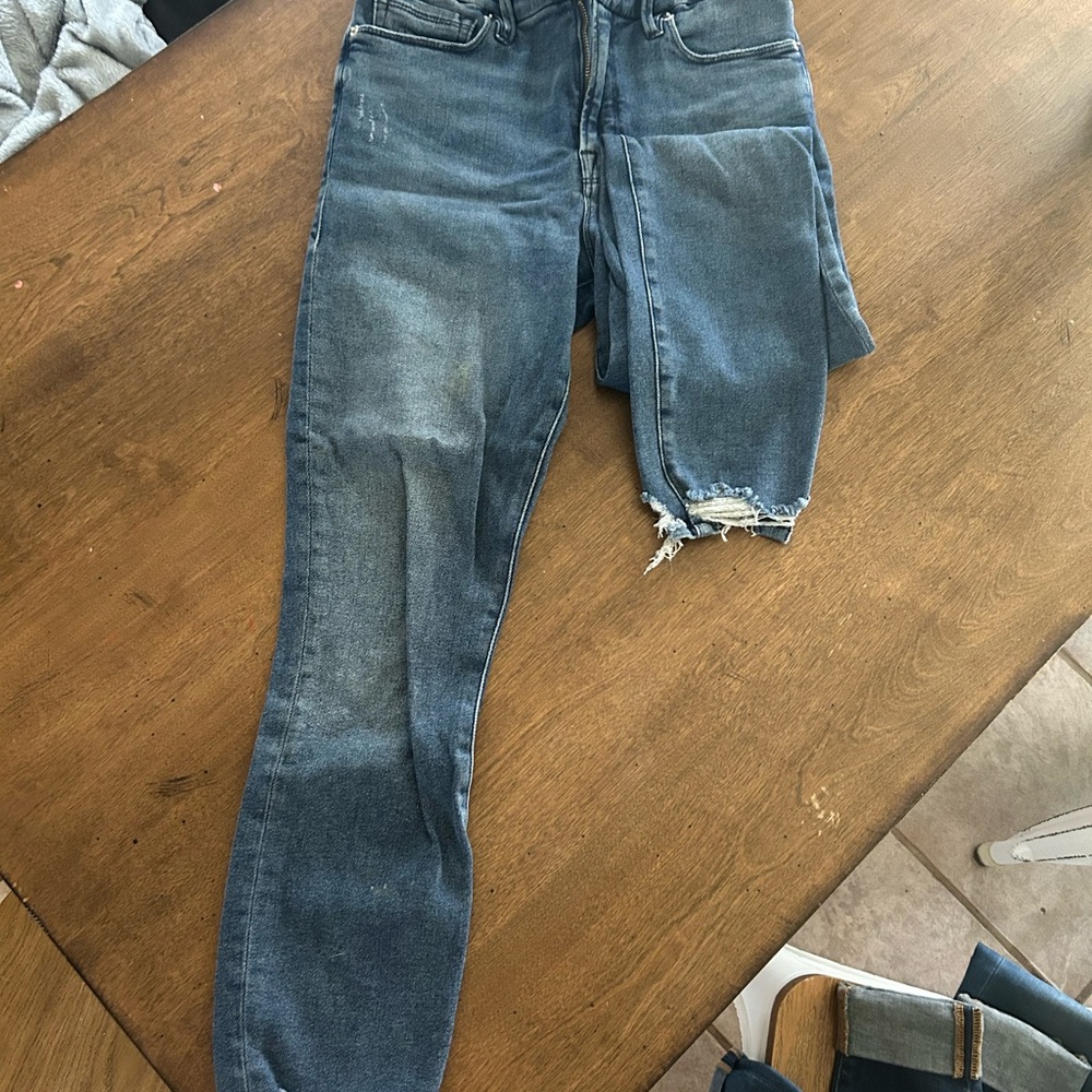 Good American Distressed Blue Straight Leg Jeans